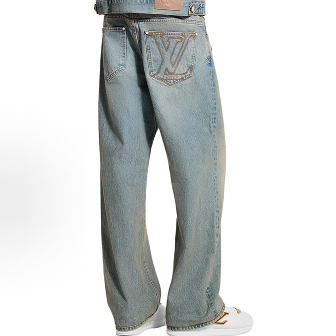 lv louis vuitton decorative patch wide leg denim jeans